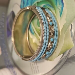 Vintage 1970's Beaded Boho Embossed Silver Hinged Bracelet